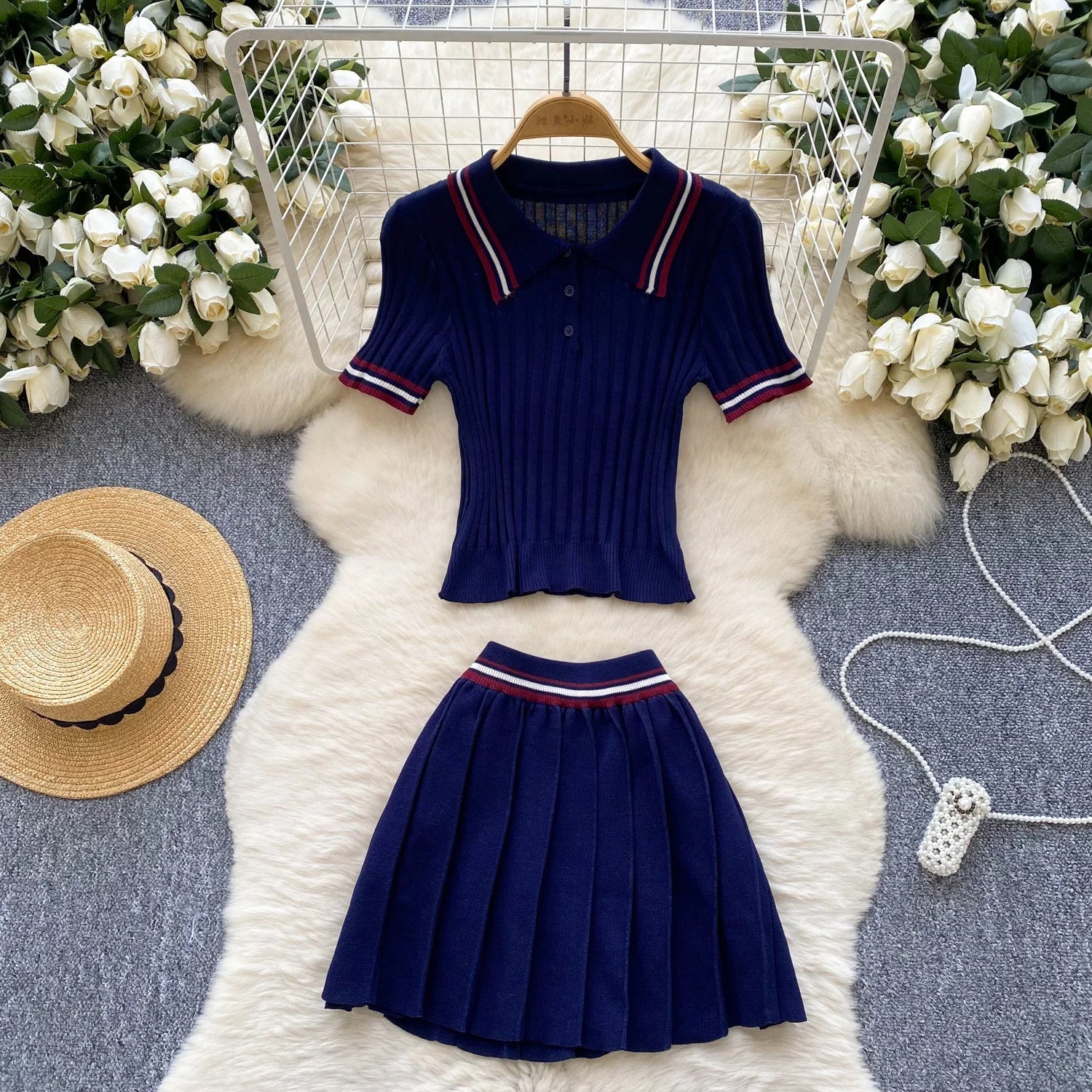 Vintage Women's Knitted Top and High Waist Skirt Set