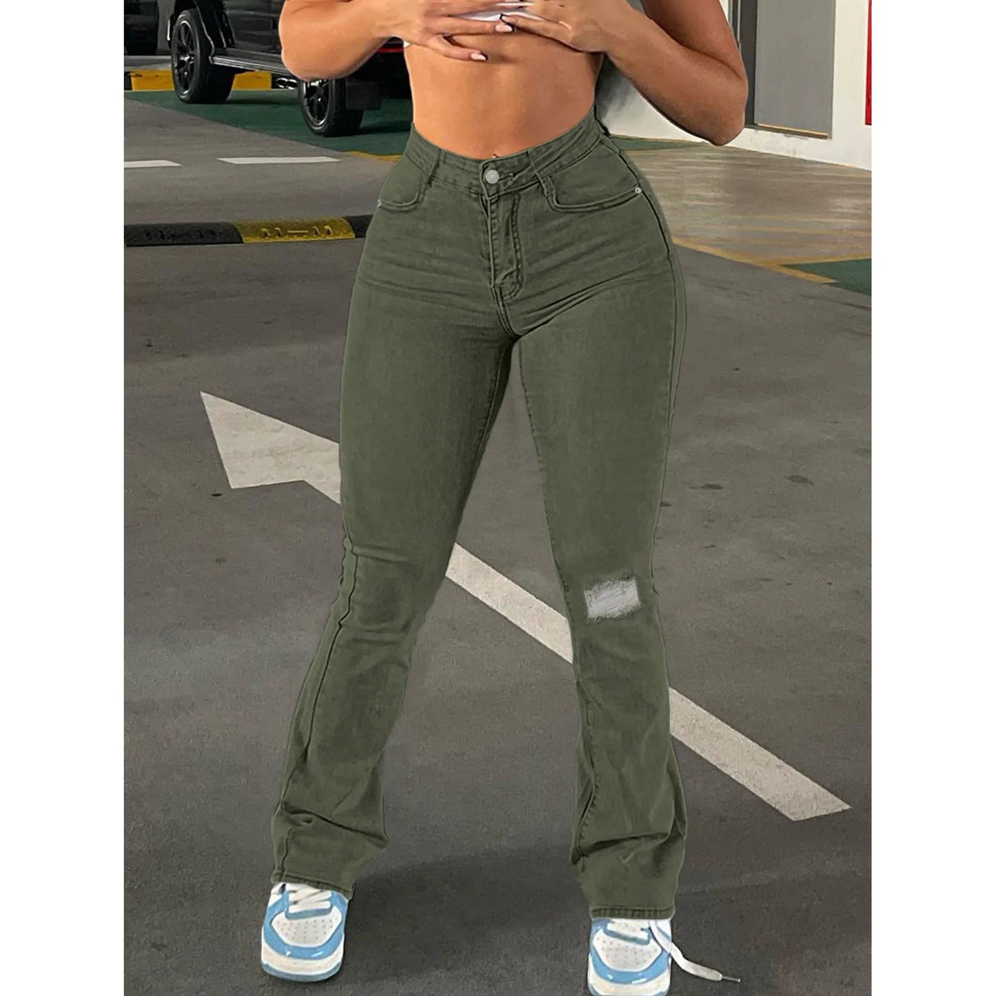 UNIKCOSA Women’s Y2K Ripped Jeans – High-Waisted Slim-Fit Slightly Flared Washed Denim Pants (Spring/Fall 2025 Edition)