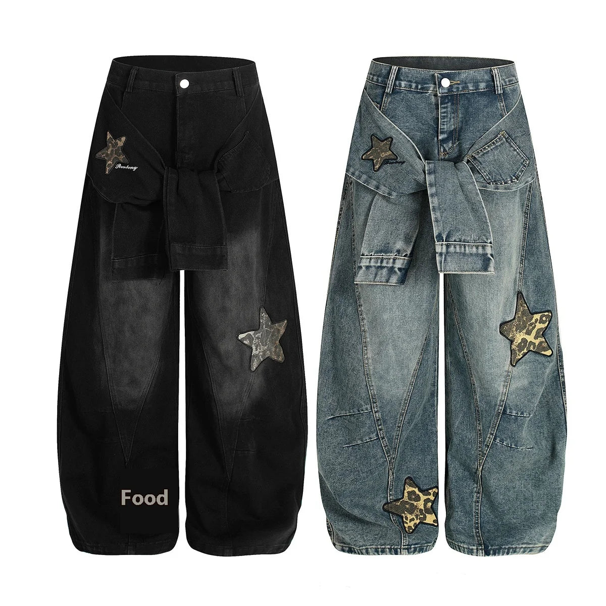 Women's American Retro Deconstructed Scimitar Embroidered Wide-Leg Denim Jeans