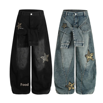 Women's American Retro Deconstructed Scimitar Embroidered Wide-Leg Denim Jeans