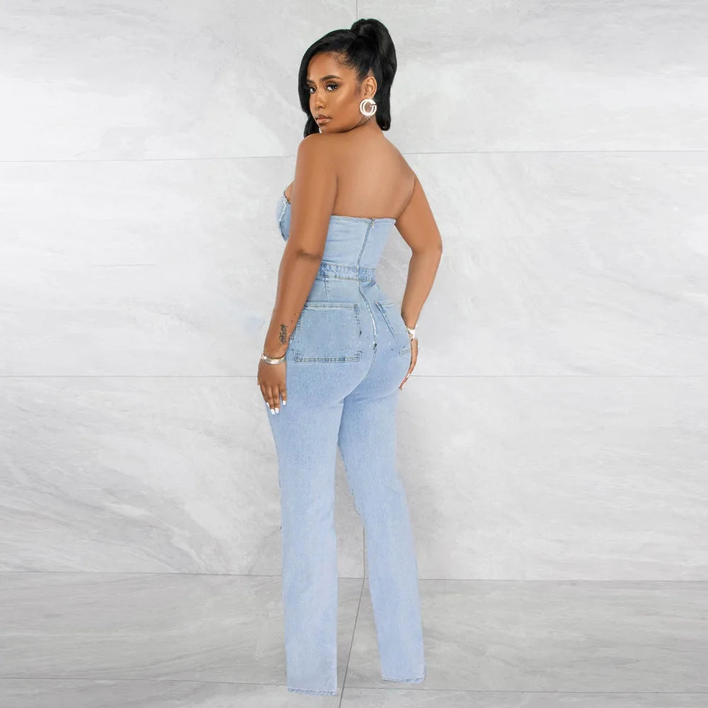 UNIKCOSA UrbanSoul Denim Cargo Jumpsuit Strapless Top 💫