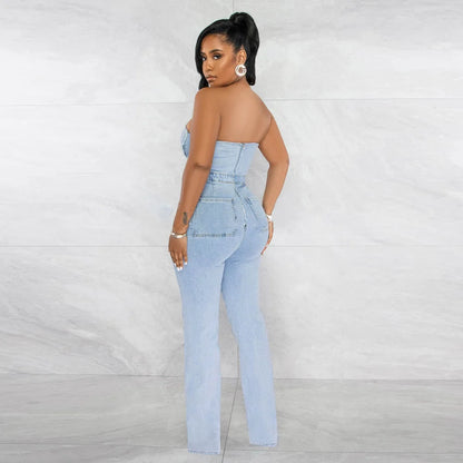 UNIKCOSA UrbanSoul Denim Cargo Jumpsuit Strapless Top 💫