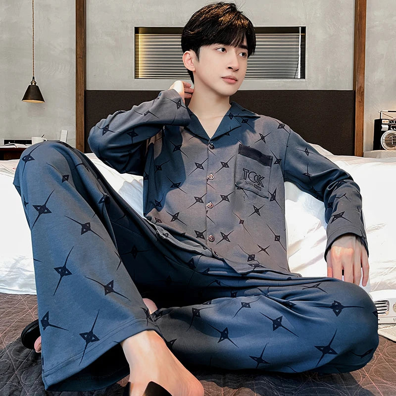 UNIKCOSA Men’s Cotton Night Suit – 100% Cotton Lapel Cardigan Top & Trousers Pajama Set (Spring/Fall Plus Size Sleepwear)