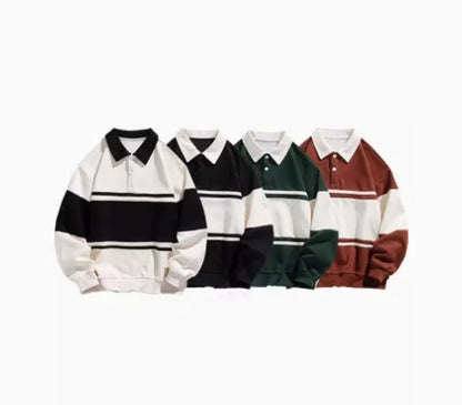 Hip Hop Striped Heavyweight Cotton Polo Sweatshirt for Men