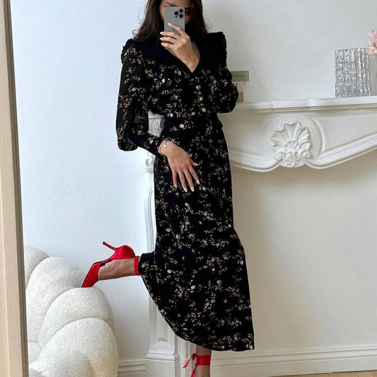 UNIKCOSA Women’s Black Floral Chiffon Dress – Peter Pan Collar Buttoned Long Sleeve Elegant Short Dress (Summer/Autumn 2025 Edition)