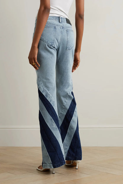 UNIKCOSA Women’s Denim Two-Piece Set – Color Block Zipper Tube Top & Flare Jeans (Casual Sexy Edition)