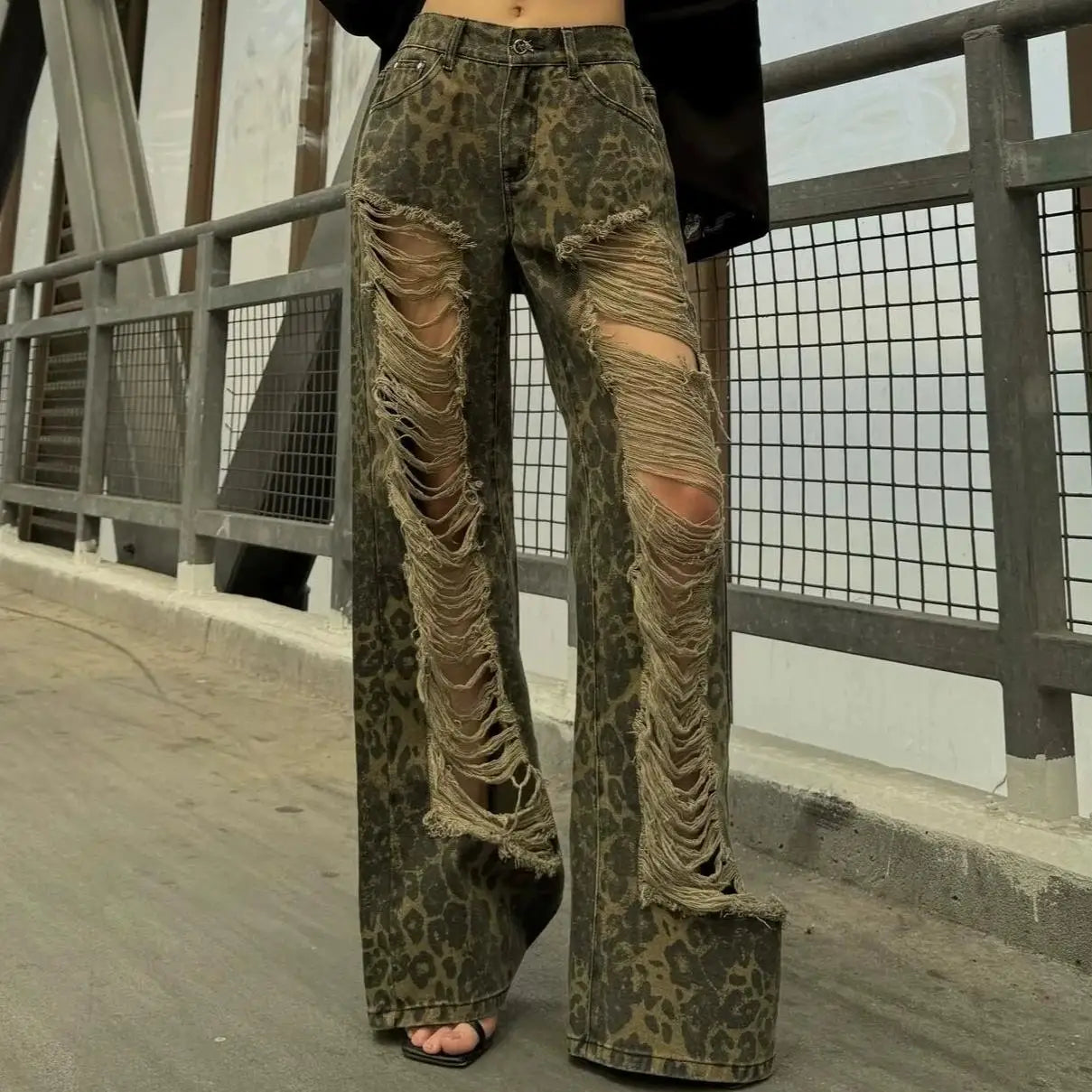 Ripped Leopard Print Maxi Loose Women Jeans Trendy Summer Denim