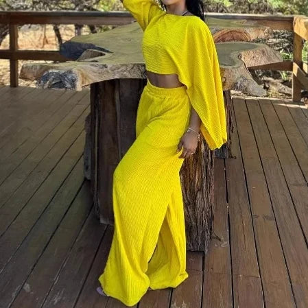 Women's Asymmetrical Shoulder Top with Long Pants Casual 2-Piece Set