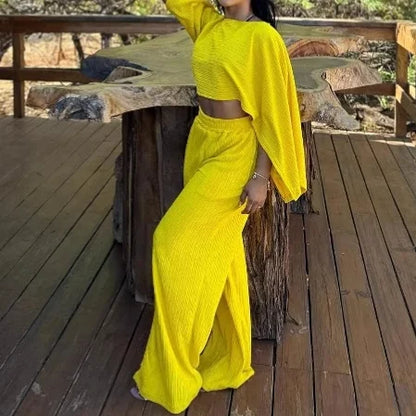Women's Asymmetrical Shoulder Top with Long Pants Casual 2-Piece Set