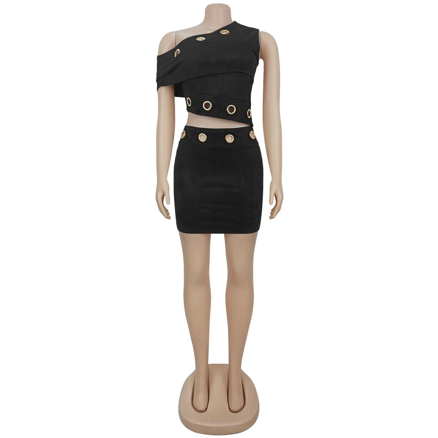 ZHEZHE Sexy Eyelet Off-Shoulder Two-Piece Summer Skirt Set