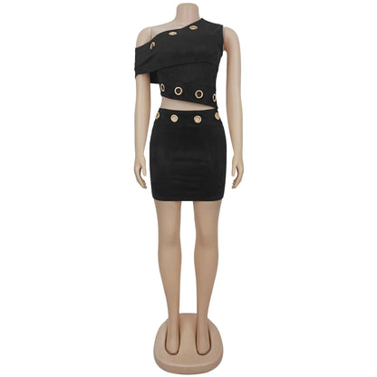 ZHEZHE Sexy Eyelet Off-Shoulder Two-Piece Summer Skirt Set