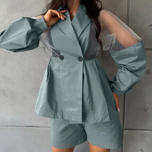 UNIKCOSA Women’s Patchwork Streetwear Set – Double-Breasted Jacket & Shorts 2-Piece Outfit (Summer 2025 Edition)
