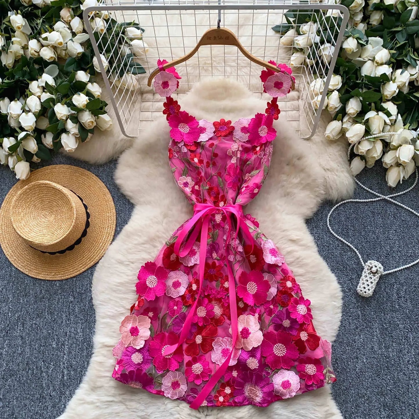 UNIKCOSA Women’s French Embroidered Halter Dress – High-End Elegant Summer Mini (Chic Edition)
