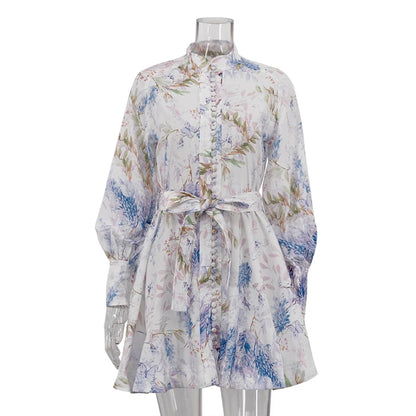 UNIKCOSA Women’s Floral Belted Dress – Stand Collar Long Sleeve Short Dress with Zip Cuffs (Summer/Fall 2025 Edition)