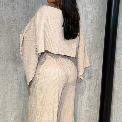 Women's Asymmetrical Shoulder Top with Long Pants Casual 2-Piece Set