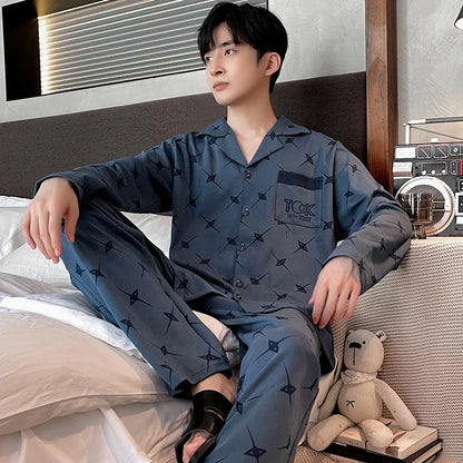 UNIKCOSA Men’s Cotton Night Suit – 100% Cotton Lapel Cardigan Top & Trousers Pajama Set (Spring/Fall Plus Size Sleepwear)
