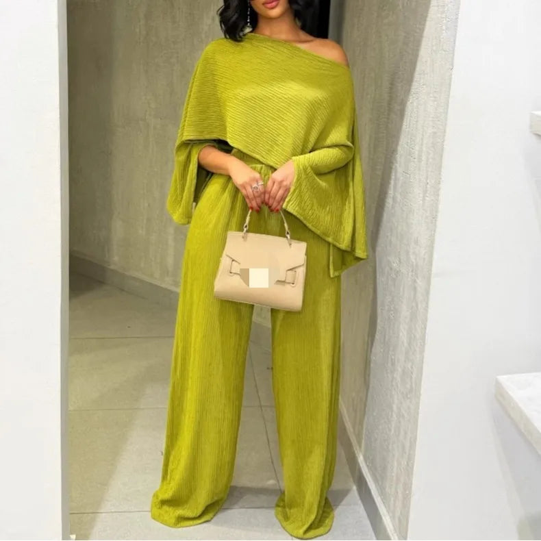 Women's Asymmetrical Shoulder Top with Long Pants Casual 2-Piece Set