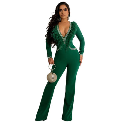 UNIKCOSA Women’s V-Neck Jumpsuit – Solid Color Long Sleeve Straight-Leg One-Piece Romper ( Work & Casual Edition)