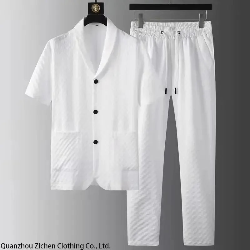 UNIKCOSA Men’s Printed Two-Piece Set – Short Sleeve Shirt & Pants with Solid Geometry Pattern (Spring/Summer 2024 Edition)