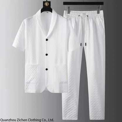 UNIKCOSA Men’s Printed Two-Piece Set – Short Sleeve Shirt & Pants with Solid Geometry Pattern (Spring/Summer 2024 Edition)