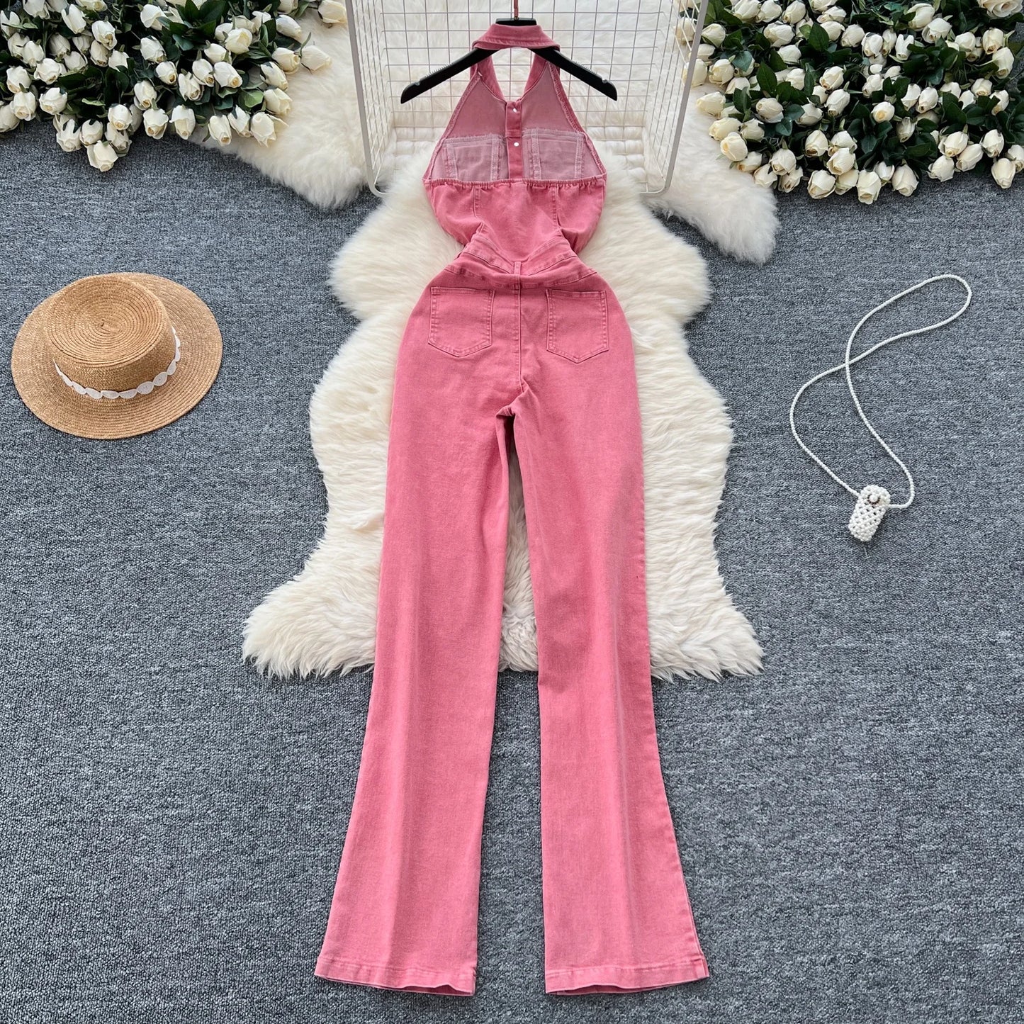 UNIKCOSA Women’s Summer Denim Jumpsuit – Halter Neck Sleeveless Backless High-Waist Wide-Leg One-Piece
