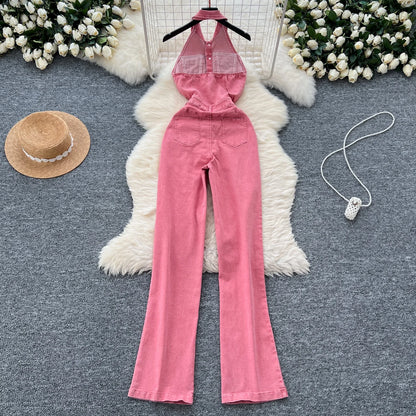 UNIKCOSA Women’s Summer Denim Jumpsuit – Halter Neck Sleeveless Backless High-Waist Wide-Leg One-Piece