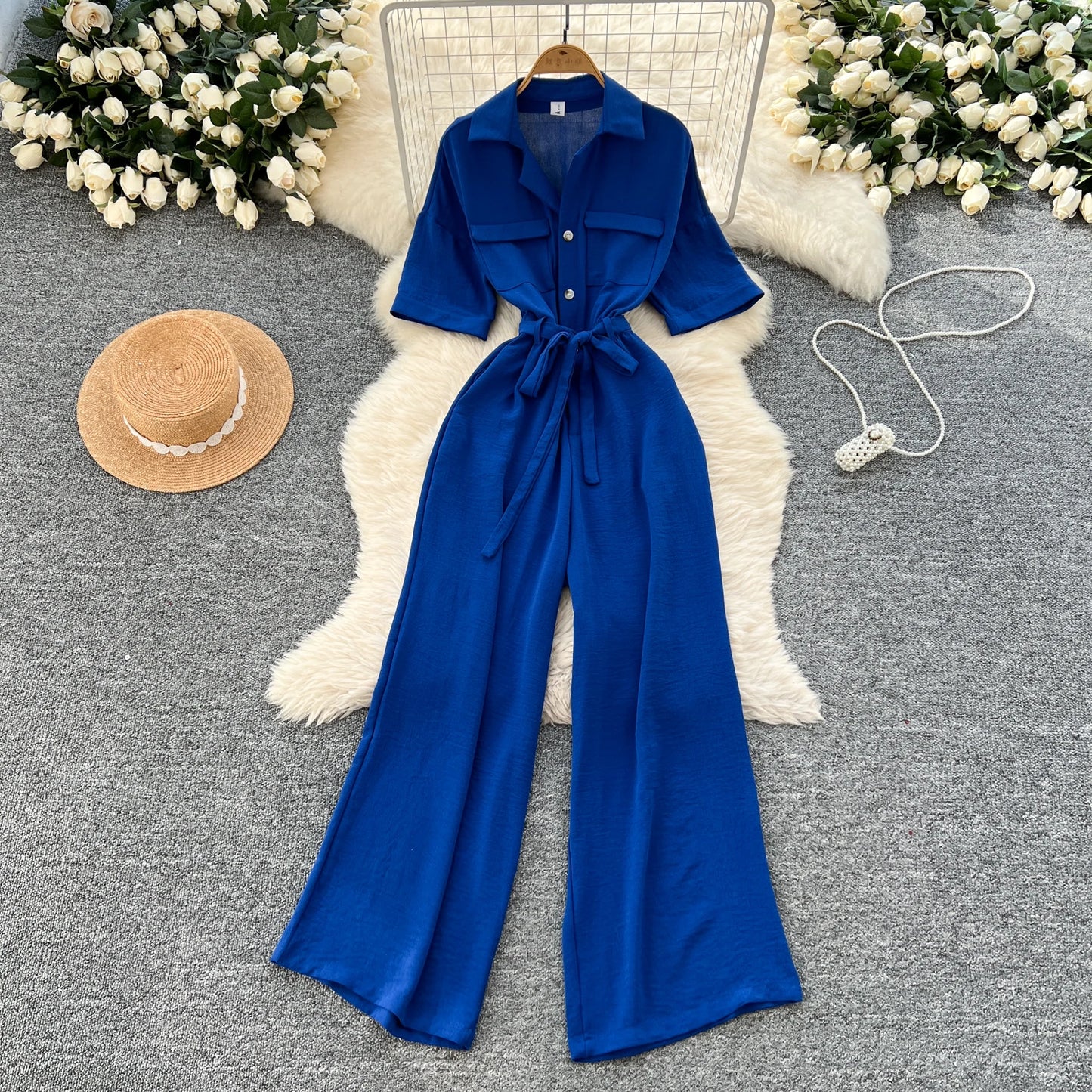 UNIKCOSA Women’s Summer Lace Jumpsuit – Short-Sleeve Turn-Down Collar High-Waist Tunic Slim One-Piece