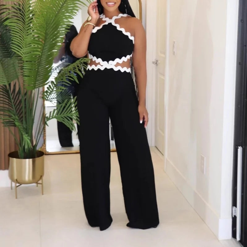 Wavy Striped Sleeveless Backless Wide-Leg Jumpsuit for Summer