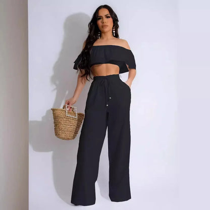 UNIKCOSA Women’s Ruffled Trousers Set – Two-Piece Casual Outfit with Top & Pants (Plus Size Available 2025 Edition)