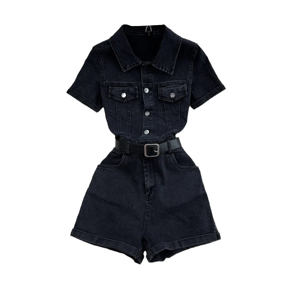 UNIKCOSA Women’s Denim Polo Jumpsuit – Summer Short Sleeve Single-Breasted Wide-Leg Shorts One-Piece