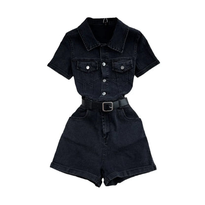 UNIKCOSA Women’s Denim Polo Jumpsuit – Summer Short Sleeve Single-Breasted Wide-Leg Shorts One-Piece