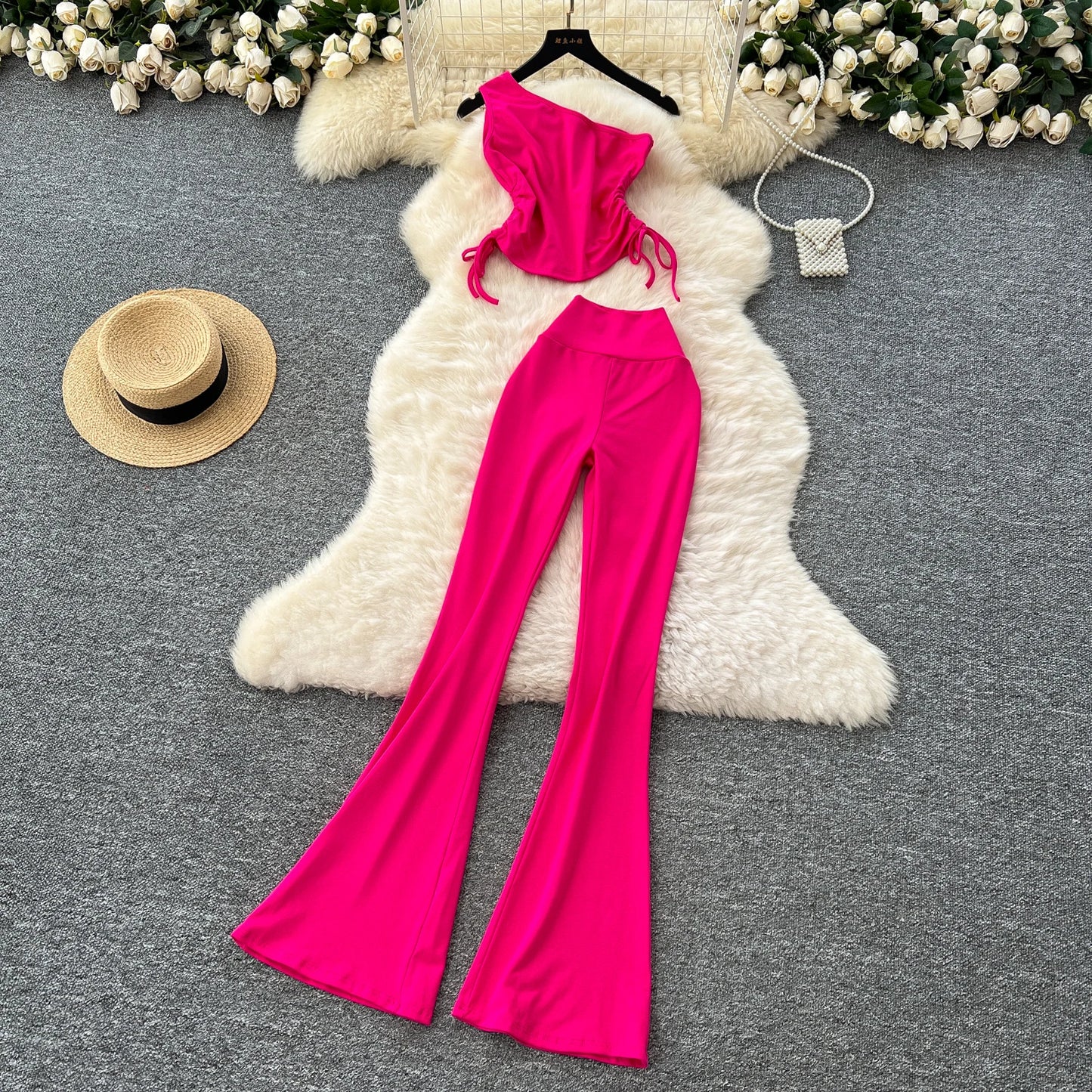 Summer Casual 2 Piece Set For Women One-shoulder Bandage Top And High Waist Set Jogging Suits Wholesale