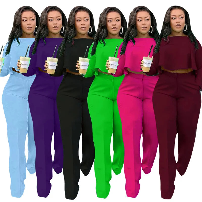 UNIKCOSA’s Elegant Ruffle 2-Piece Set — Crop Top + Wide-Leg Pants Fall Outfit