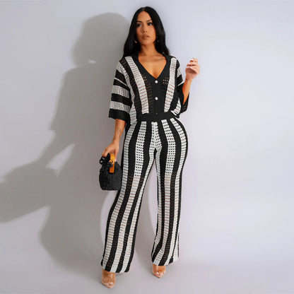 UNIKCOSA Women’s Contrast Knit Two-Piece Set – Knit Sweater & Wide-Leg Pants Outfit (Spring/Fall 2025 Edition)