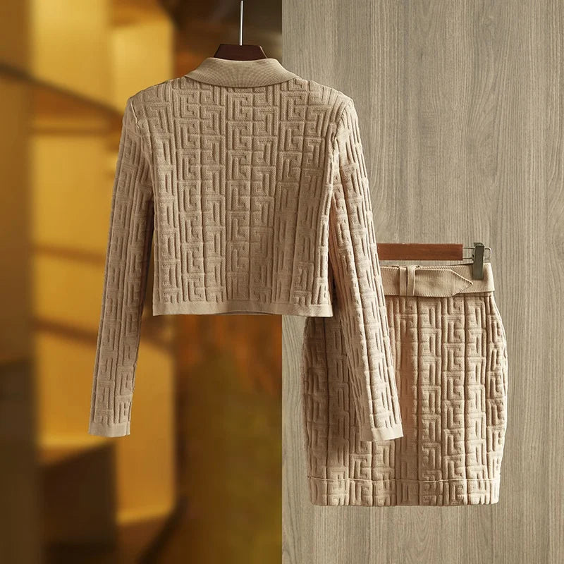 UNIKCOSA Women’s Khaki Jacquard Knit Set – Boutique Two-Piece Top & Skirt Outfit (Fashion 2025 Edition)