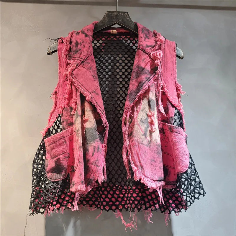 Women's Mesh Splicing Denim Vest with Waterproof Breathable Design