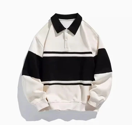 Hip Hop Striped Heavyweight Cotton Polo Sweatshirt for Men