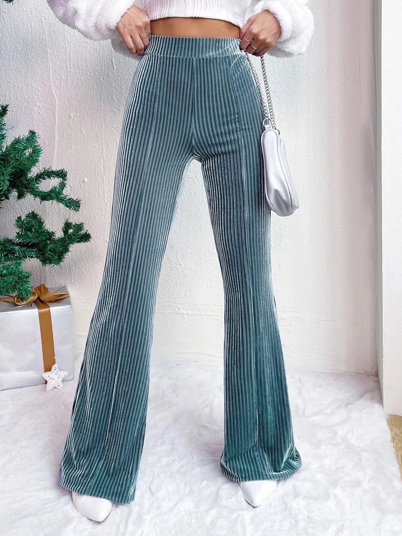 Women's High‑Waisted Corduroy Bell‑Bottom Wide‑Leg Casual Solid Pants