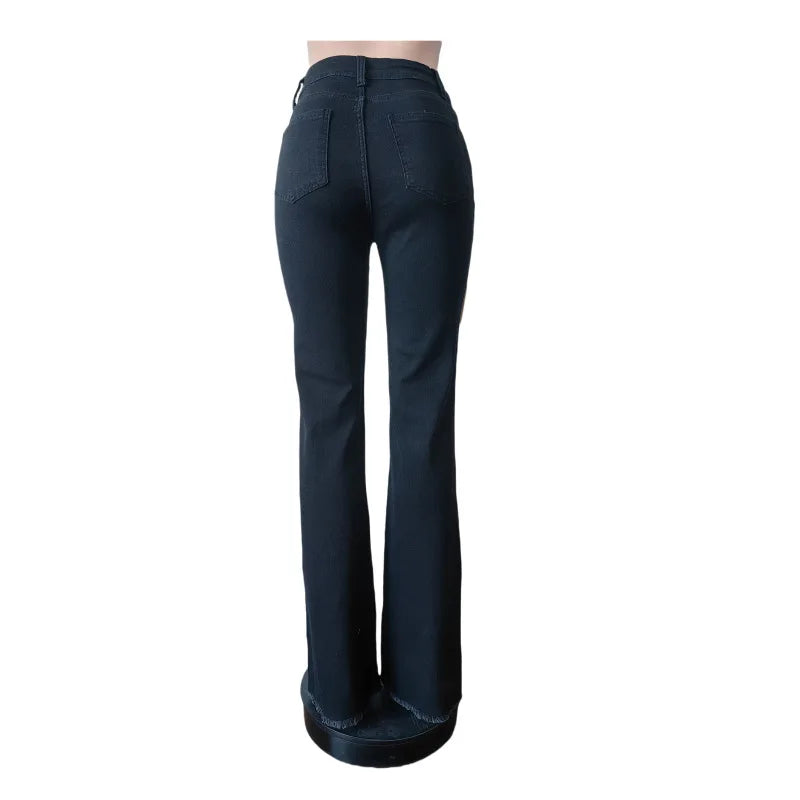 Hot Stretch Flare Denim Pants for Women – High‑Waist Printed Trousers