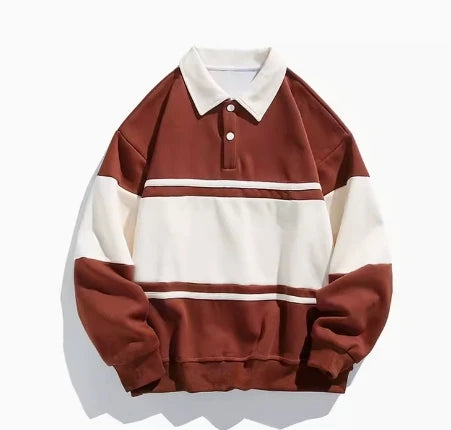 Hip Hop Striped Heavyweight Cotton Polo Sweatshirt for Men