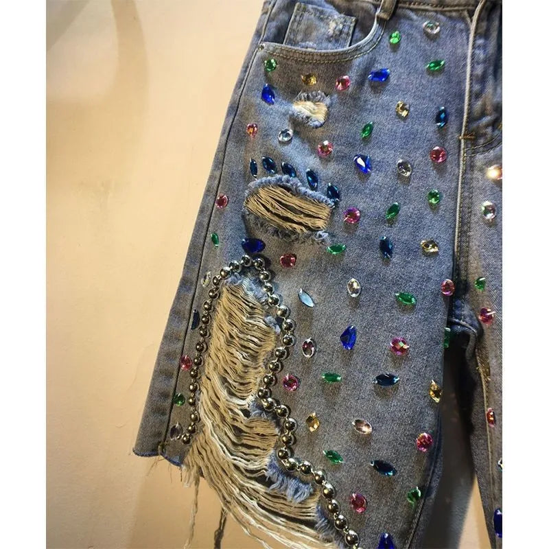 Heavy Industry Diamond-Studded Beaded Ripped Tassel High-Waisted Women’s Denim Shorts