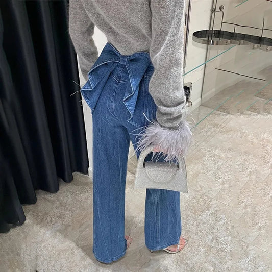 UNIKCOSA Women’s Vintage Patchwork Jeans – High-Waist Straight-Leg Denim with Bowknot & Spliced Pocket Detail
