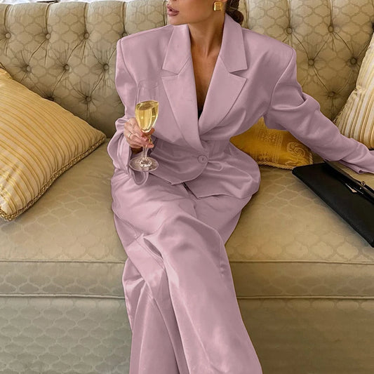 UNIKCOSA Women’s Satin Suit Set – Pleated Hourglass Blazer & Trouser Pants Formal Office Outfit (2025 Edition)