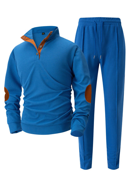 UNIKCOSA Men’s Knit Sweater Set – Quarter-Button Pullover with Contrast Elbow Patches & Elastic Waist Pants (2-Piece Tracksuit 2025 Edition)