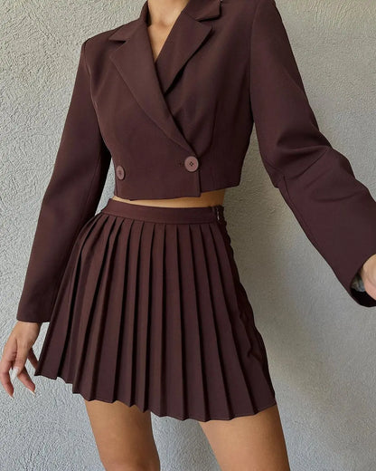 UNIKCOSA Fashion Suit Set — Cropped Blazer + High-Waist Pleated Mini Skirt