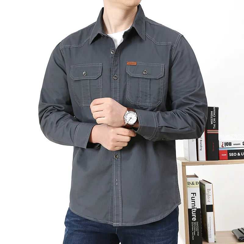 UNIKCOSA Men’s Casual Work Shirt – Loose-Fit Long Sleeve Solid Color Pocket Shirt (Autumn Large-Size Edition)