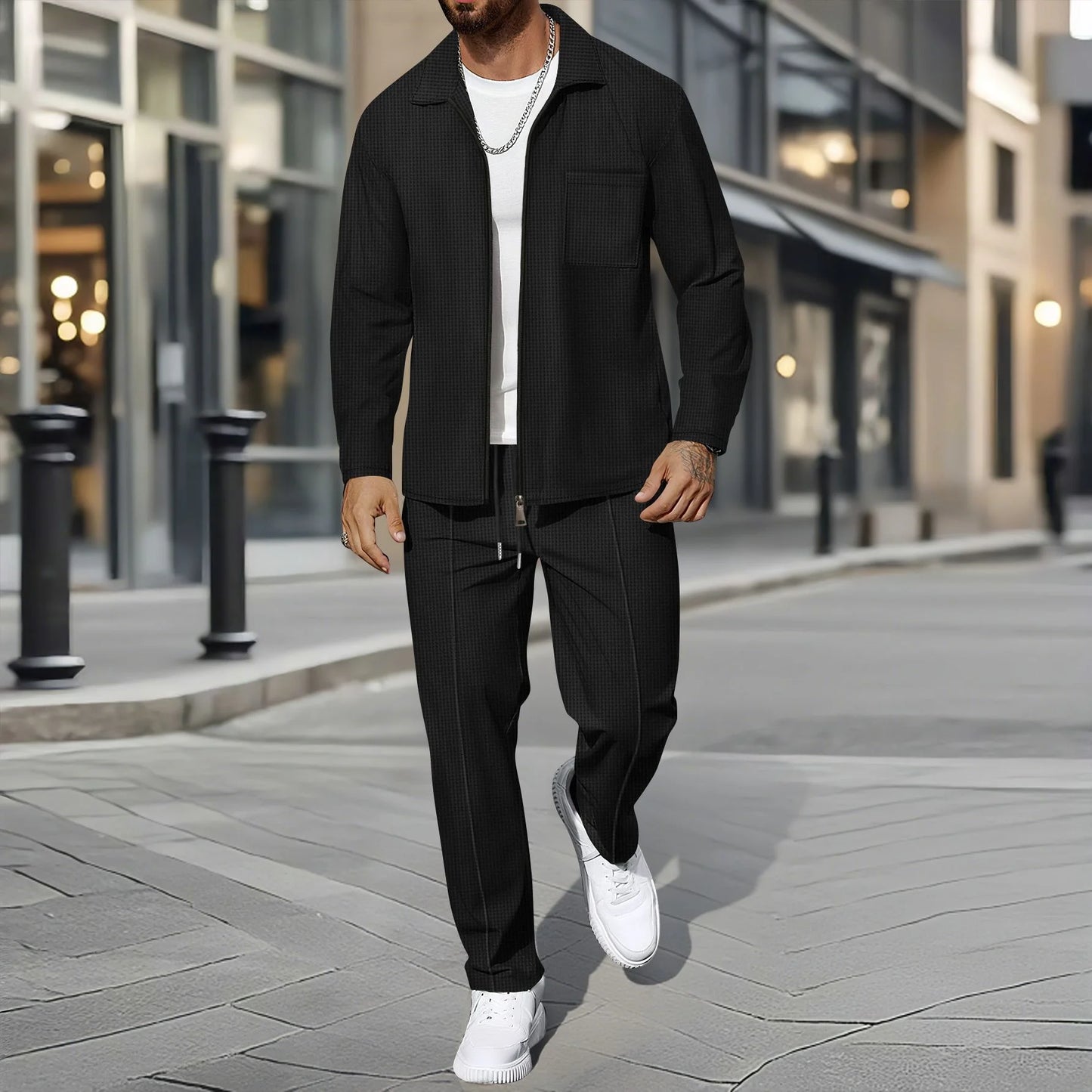 UNIKCOSA Men’s Autumn Outerwear Set – Long-Style Full-Zip Jacket & Pants Two-Piece Suit (220 GSM Polyester Edition)