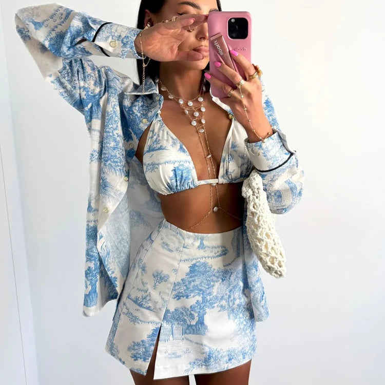 UNIKCOSA Women’s 3-Piece Printed Coord Set – Bra Top, Shirt & Divided Skirt Suit (Summer 2025 Edition)