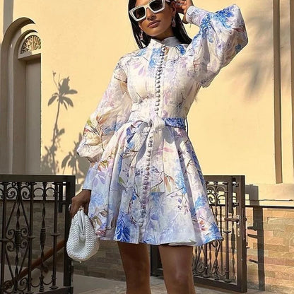 UNIKCOSA Women’s Floral Belted Dress – Stand Collar Long Sleeve Short Dress with Zip Cuffs (Summer/Fall 2025 Edition)