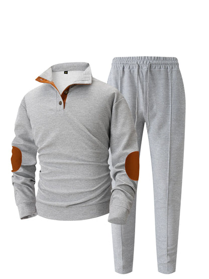 UNIKCOSA Men’s Knit Sweater Set – Quarter-Button Pullover with Contrast Elbow Patches & Elastic Waist Pants (2-Piece Tracksuit 2025 Edition)